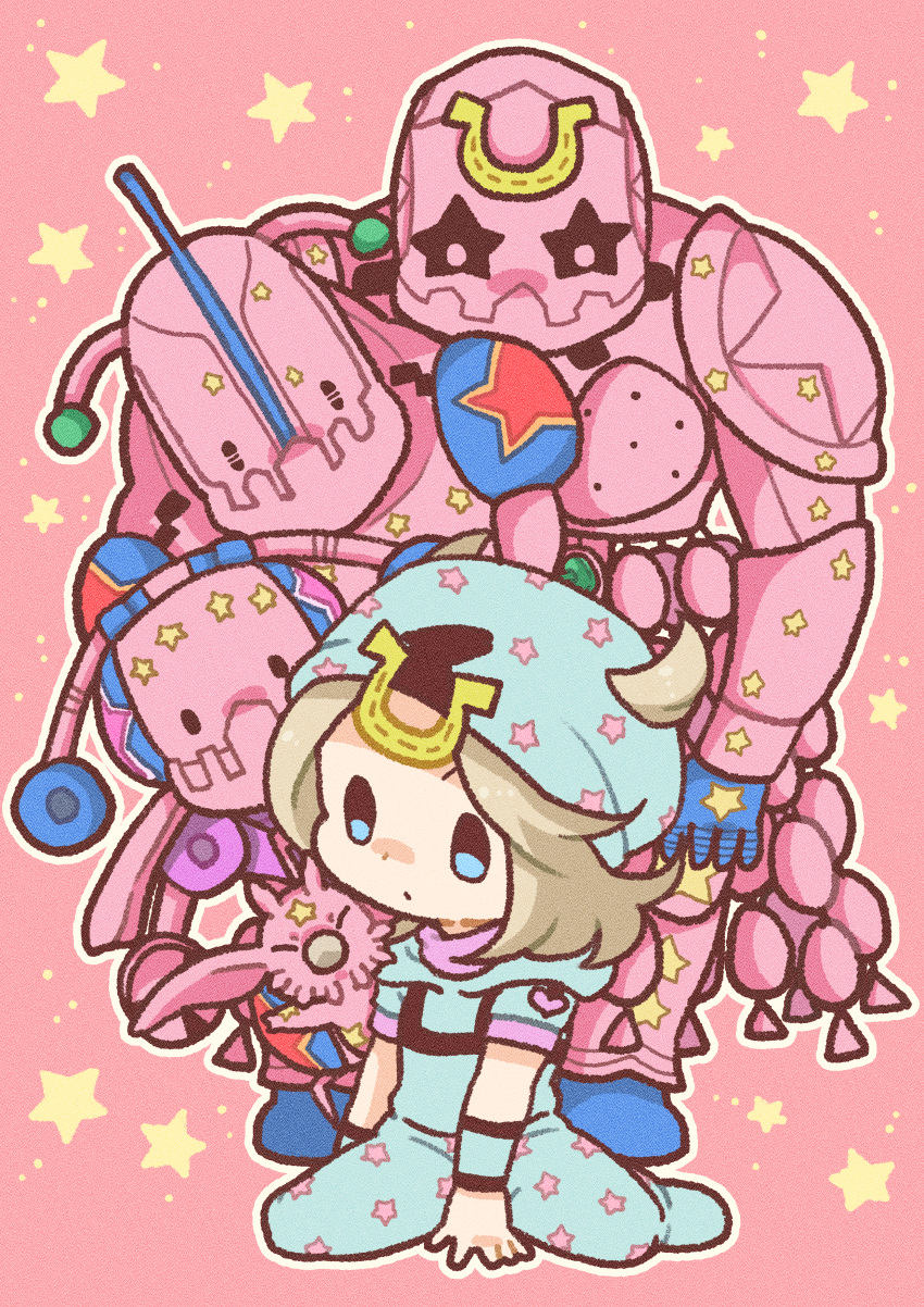1boy, 4others, absurdres, beanie, blonde_hair, blue_eyes, blue_gloves, blue_hat