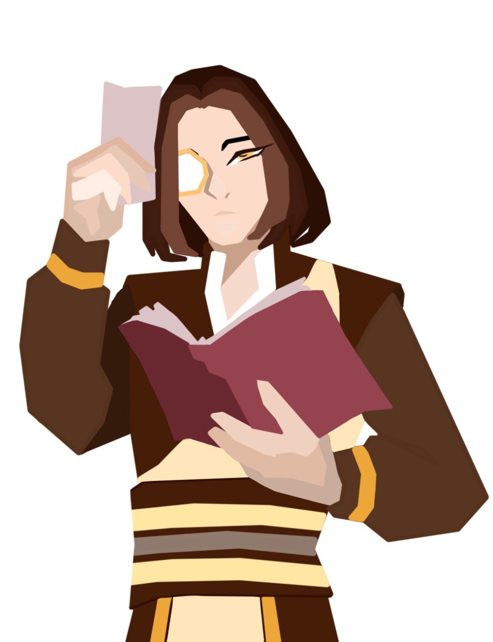 1boy, bao_ling, book, brown_hair, chinese_clothes, crooked_armed_artist, highres, holding, holding_book, long_sleeves, looking_at_object, male_focus, medium_hair, monocle, moved_by_freedom, non-web_source, open_book, reading, robe, solo, upper_body, white_background, yellow_eyes