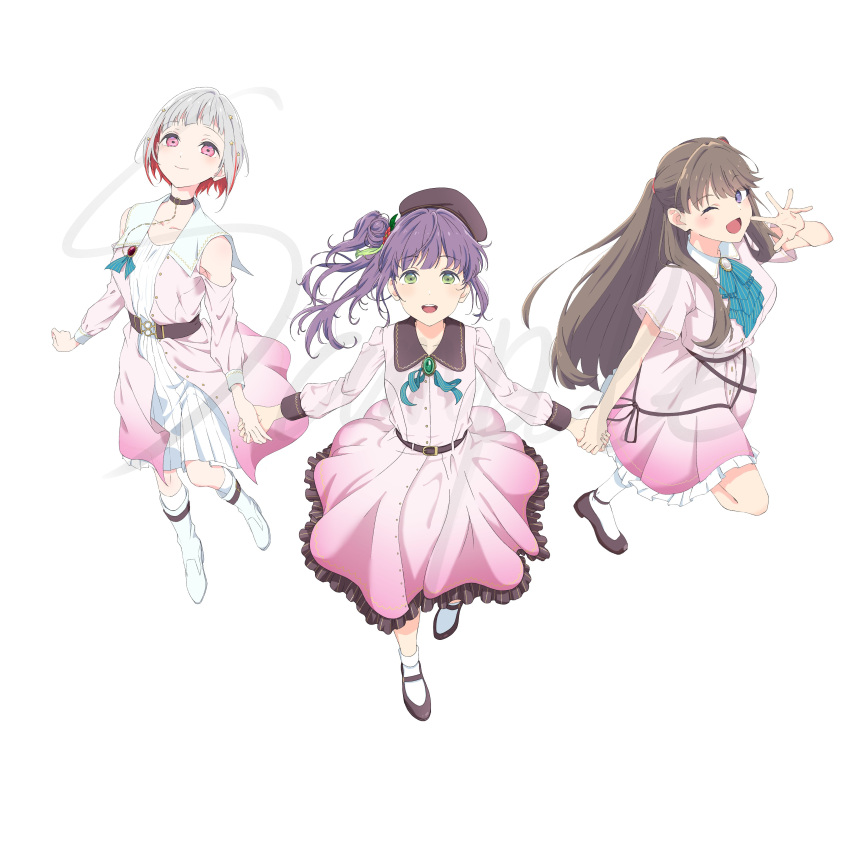 3girls, :d, ;d, absurdres, aqua_ascot, aqua_ribbon, artist_collaboration, assassin_(pencilblood76)