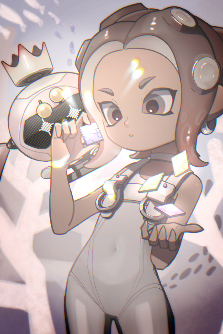 1girl, agent_8_(side_order), agent_8_(splatoon), azkrock, bodysuit, brown_eyes, brown_hair, choker
