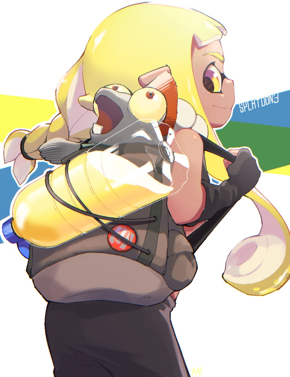 1girl, agent_3_(splatoon_3), arm_wrap, azkrock, backpack, bag, black_pants, black_shirt