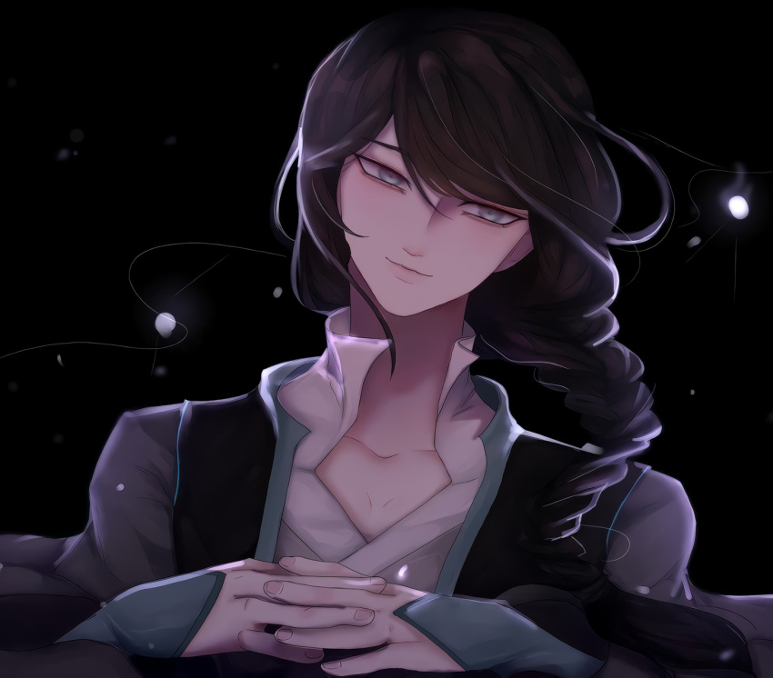 1boy, black_background, black_hair, blue_eyes, braid, braided_ponytail, closed_mouth, feng_huangyu