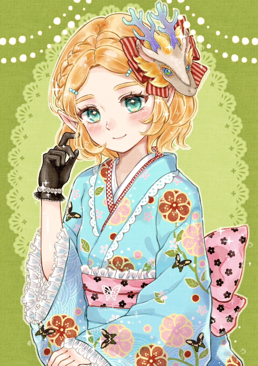 1girl, alternate_costume, black_gloves, blue_eyes, blue_kimono, blush, closed_mouth, commentary