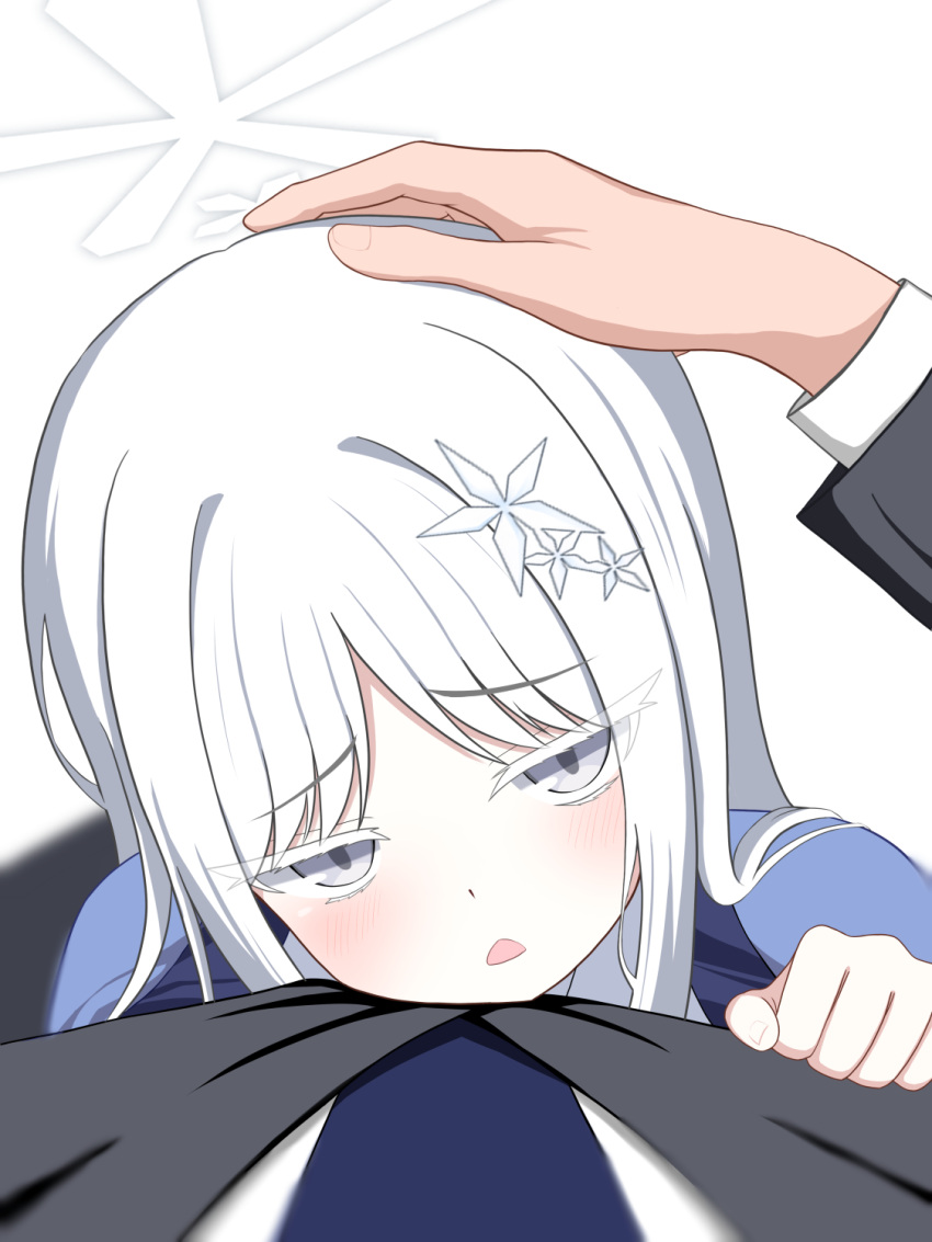 1girl, 1other, blue_archive, from_above, grey_eyes, grey_jacket, hair_ornament, halo