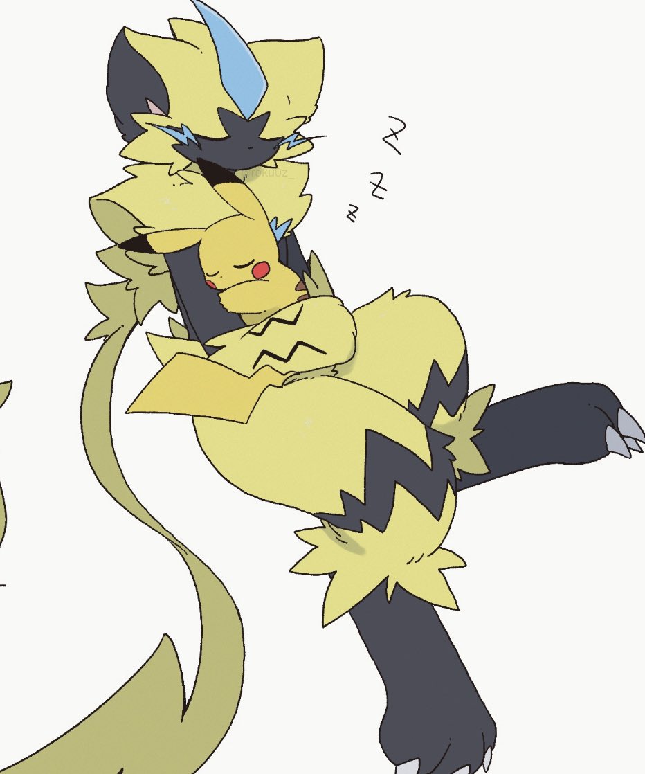2others, closed_eyes, hand_on_another's_arm, multiple_others, no_humans, pikachu, pokemon, pokemon_(creature)