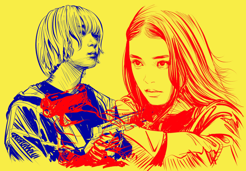 2girls, baby_walkure, commentary_request, fukagawa_mahiro, gun, handgun, highres, holding, holding_gun, holding_weapon, long_hair, long_sleeves, m1911, multiple_girls, multiple_monochrome, short_hair, simple_background, sugimoto_chisato, terarin, upper_body, weapon, yellow_background