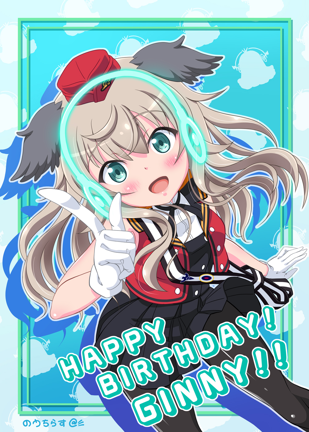 1girl, animal_ears, artist_name, aviation_magic_band, bird_ears, bird_girl, black_pantyhose, black_skirt
