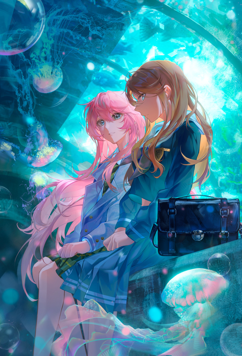 2girls, absurdres, aquarium, bang_dream!, bang_dream!_it's_mygo!!!!!, blue_eyes, blue_serafuku, blue_shirt