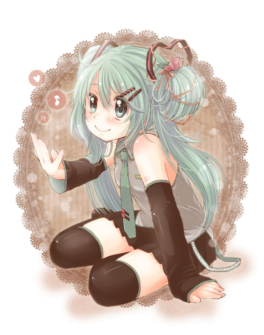 alternate_hairstyle, aqua_eyes, aqua_hair, bad_id, black_legwear, black_skirt, black_thighhighs, child