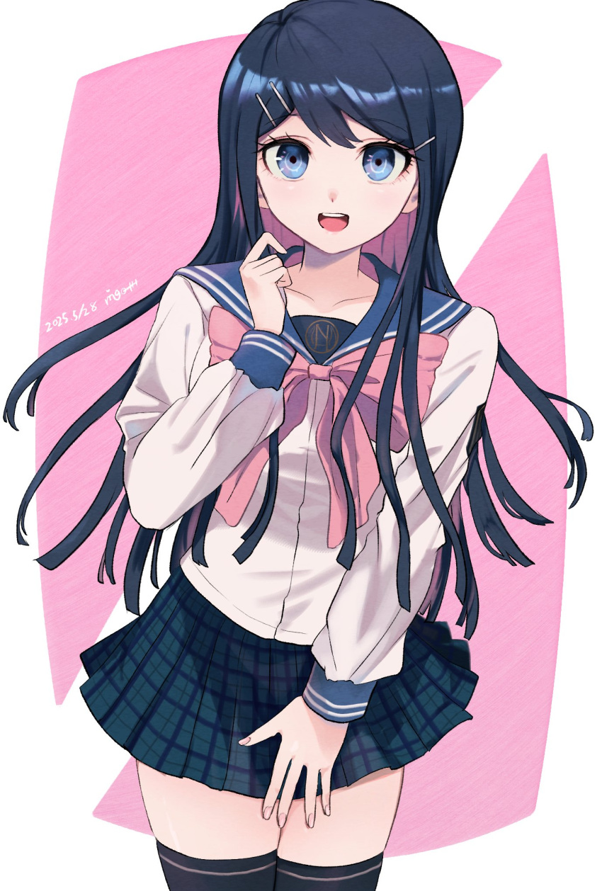 1girl, black_hair, black_skirt, black_thighhighs, blue_eyes, blue_sailor_collar, collarbone, danganronpa:_trigger_happy_havoc, danganronpa_(series), dated, hair_ornament, hairclip, hand_up, highres, long_hair, long_sleeves, maizono_sayaka, pink_background, pleated_skirt, ringo_(mk1104-toatales), sailor_collar, shirt, skirt, smile, solo, thigh-highs, white_background, white_shirt, zettai_ryouiki
