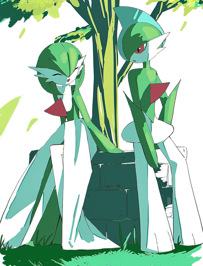 closed_eyes, colored_skin, dress, gallade, gardevoir, green_skin, highres, kaguya_hobby