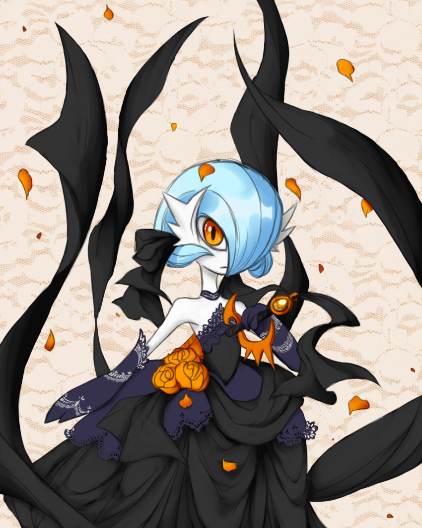 alternate_color, amaranthnymph, black_dress, black_gloves, blue_hair, bob_cut, colored_skin, dress