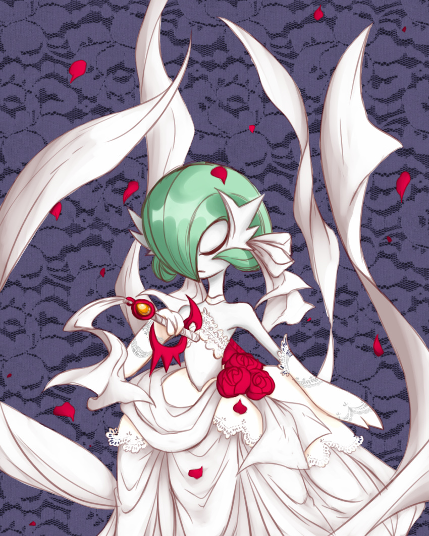 amaranthnymph, bob_cut, closed_eyes, dress, dress_flower, elbow_gloves, flower, gardevoir, gloves, green_hair, hair_over_one_eye, highres, mega_gardevoir, mega_pokemon, petals, pokemon, pokemon_(creature), red_petals, white_dress, white_gloves