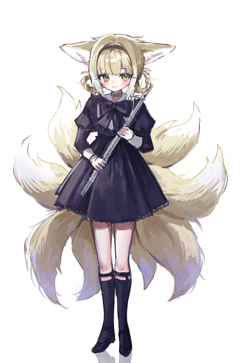 1girl, alternate_costume, animal_ears, arknights, black_boots, black_dress, blonde_hair, boots