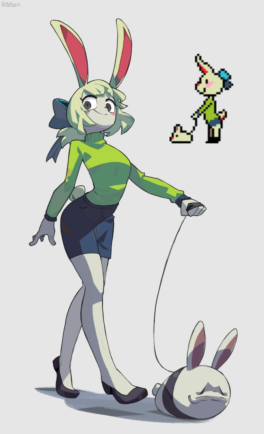 1girl, absurdres, animal, animal_ears, black_bow, black_eyes, black_shoes, blonde_hair, blue_skirt, bow, breasts, cinnamon_(undertale), closed_mouth, colored_skin, commentary, denim, denim_skirt, english_commentary, fewer_digits, from_below, full_body, green_sweater, grey_background, grey_skin, hair_bow, highres, holding, holding_leash, leash, long_sleeves, looking_at_viewer, low_ponytail, mr_plagu3, pet, ponytail, rabbit_ears, rabbit_girl, rabbit_girl_(undertale), rabbit_tail, reference_inset, shadow, shoes, simple_background, skirt, slit_pupils, small_breasts, smile, solo, sweater, tail, turtleneck, turtleneck_sweater, twitter_username, undertale, walking, white_rabbit_(animal)
