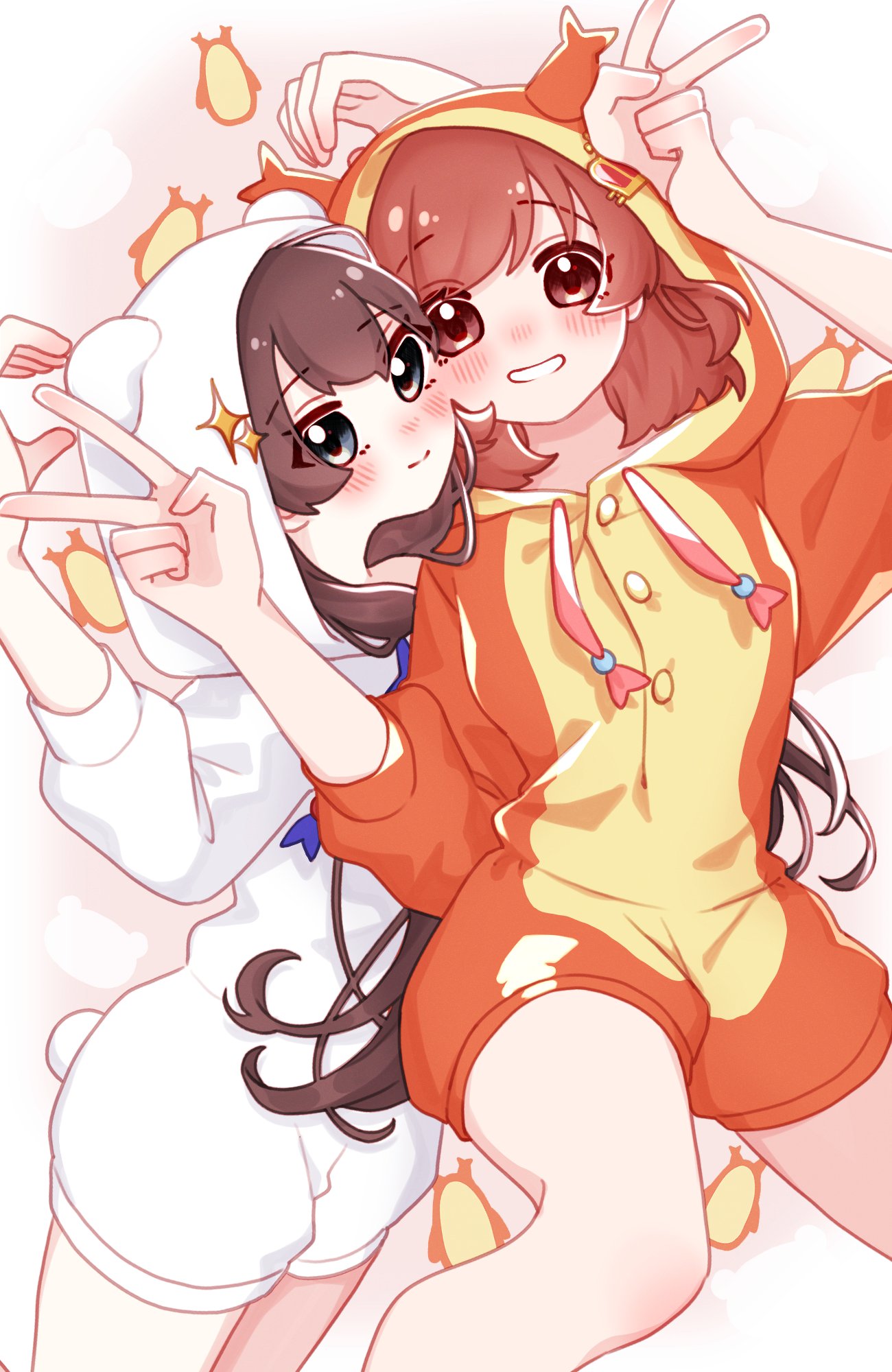 2girls, animal_ears, animal_hood, arm_up, arms_up, bear_ears, bear_hood, black_hair