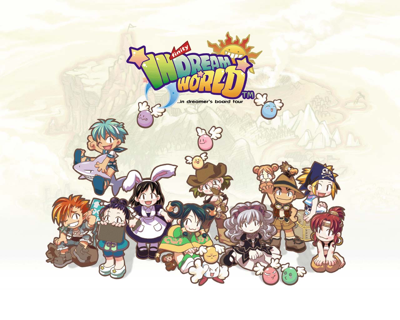 adjusting_clothes, adjusting_headwear, amy_(in_dream_world), animal_ear_hairband, animal_ears, animal_on_head, apron, aqua_hair, aqua_sailor_collar, bag, baggy_pants, bandana, bandeau, barefoot, belt, belted_shorts, bird, black_bird, black_coat, black_dress, black_sleeves, blonde_hair, blouse, blue_bandana, blue_jacket, blue_pants, blue_shorts, boots, bow, brown_bag, brown_belt, brown_gloves, brown_hat, brown_shorts, brown_tail, character_request, chin-mei, china_dress, chinese_clothes, circle_skirt, circlet, coat, collar, commentary_request, copyright_name, cowboy_boots, cowboy_hat, cowboy_western, curly_hair, denim, denim_jacket, disembodied_hand, double_bun, dragon_print, drake_(in_dream_world), dress, dress_shoes, eliot_(in_dream_world), english_text, fake_animal_ears, food, fur-trimmed_jacket, fur_trim, gloves, goggles, goggles_on_headwear, gold_circlet, green_sleeves, grey_hair, hair_bun, hair_rings, hairband, hand_on_own_hip, hanie_(in_dream_world), hat, high_collar, holding, in_dream_world, jacket, jeans, jewelry, jpeg_artifacts, juliet_sleeves, korean_commentary, layered_shirt, logo, long_sleeves, low-tied_sidelocks, maid, mary_janes, midriff, necklace, official_art, official_wallpaper, on_head, one_eye_closed, open_mouth, orange_hair, orange_pants, pants, peter_pan_collar, picnic, plaid_clothes, plaid_shirt, pocket, popcorn_kang, puffy_short_sleeves, puffy_sleeves, purple_bow, rabbit_ear_hairband, rabbit_ears, red_hair, red_shirt, rose_marie_(in_dream_world), sailor_collar, seiza, shark, shirt, shirt_under_dress, shirt_under_shirt, shoes, short_hair, short_sleeves, shorts, sidelocks, simple_background, sitting, skull_and_crossbones, skull_print, slit_pupils, straight_hair, striped_clothes, striped_shirt, sun, tail, tail_ornament, tail_ring, tank_top, teeth, toes, tooth_necklace, treasure_chest, white_apron, white_bandeau, white_collar, white_pants, white_shirt, white_sleeve_cuffs, white_tank_top, white_wings, wide_sleeves, wing_collar, wings