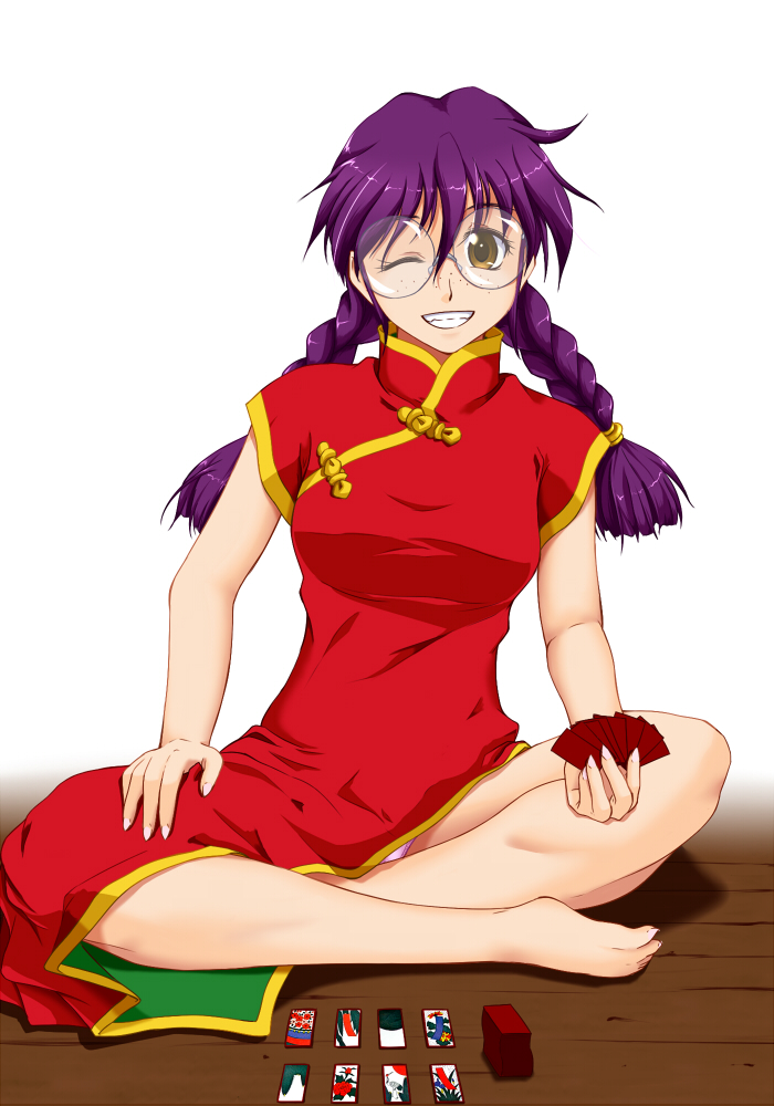 braid, breasts, brown_eyes, china_dress, chinese_clothes, freckles, glasses, grin