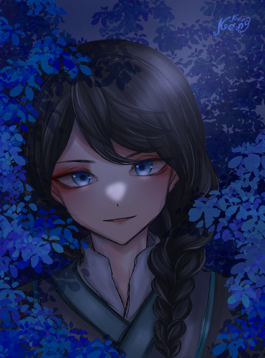 1boy, absurdres, black_hair, blue_eyes, blue_flower, braid, braided_ponytail, chinese_clothes, feng_huangyu, flower, highres, long_hair, looking_at_viewer, makeup, moved_by_freedom, nan_nan, ponytail, signature, single_braid, smile, solo