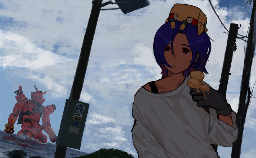 1boy, blue_hair, clouds, cloudy_sky, colored_inner_hair, commentary, conch_(gundam), food, gloves, gundam, gundam_gquuuuuux, hashtag-only_commentary, highres, holding, holding_ice_cream_cone, ice_cream, ice_cream_cone, looking_at_viewer, lower_eyelashes_only, male_focus, mecha, mobile_suit, multicolored_hair, non-humanoid_robot, ocean, ontan, open_mouth, outdoors, purple_hair, red_eyes, red_gundam, robot, science_fiction, shirt, short_hair, shuji_ito, sky, solo, sweatdrop, two-tone_hair, utility_pole, white_shirt