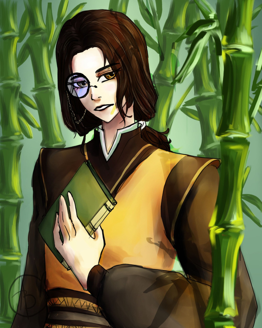 1boy, bamboo, bamboo_forest, bao_ling, book, brown_eyes, brown_hair, chinese_clothes, forest, fox_shack, highres, holding, holding_book, lips, long_hair, long_sleeves, looking_at_viewer, low_ponytail, male_focus, monocle, moved_by_freedom, nature, parted_lips, ponytail, solo, upper_body