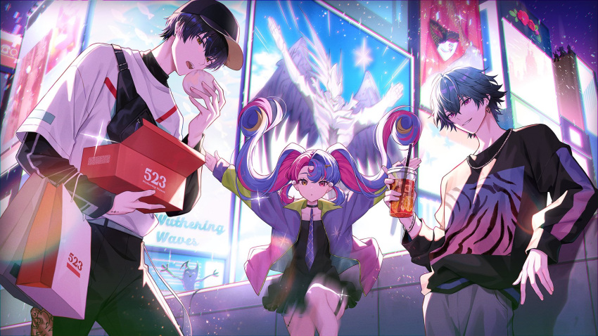 1girl, 2boys, alternate_costume, bag, black_dress, black_hair, black_hat, black_shirt