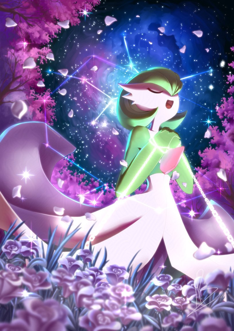 bob_cut, closed_eyes, colored_skin, dress, field, flower, flower_field, gardevoir