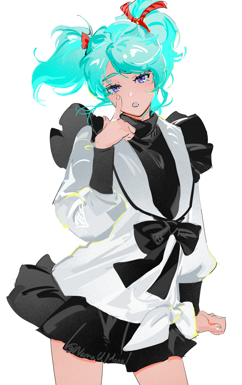 1girl, artist_name, blue_hair, char's_counterattack, commentary, cowboy_shot, english_commentary, finger_to_eye, gundam, hair_ribbon, highres, long_sleeves, looking_at_viewer, nomaumona, open_mouth, quess_paraya, ribbon, shirt, simple_background, skirt, solo, turtleneck, twintails, twitter_username, uneven_twintails, violet_eyes, white_background