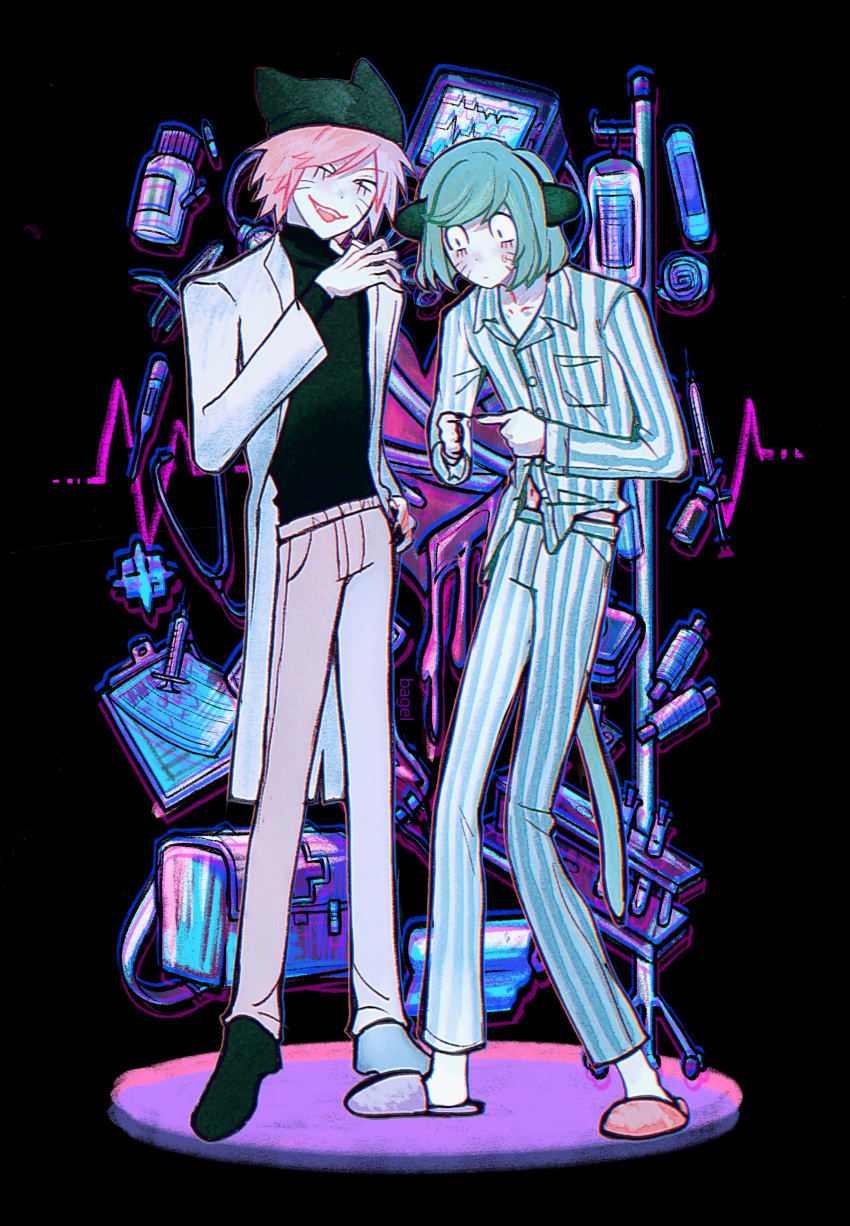 2boys, absurdres, animal_ears, animal_hat, bagel_(xinjinjumin900341874831), black_background, black_eyes, black_sweater