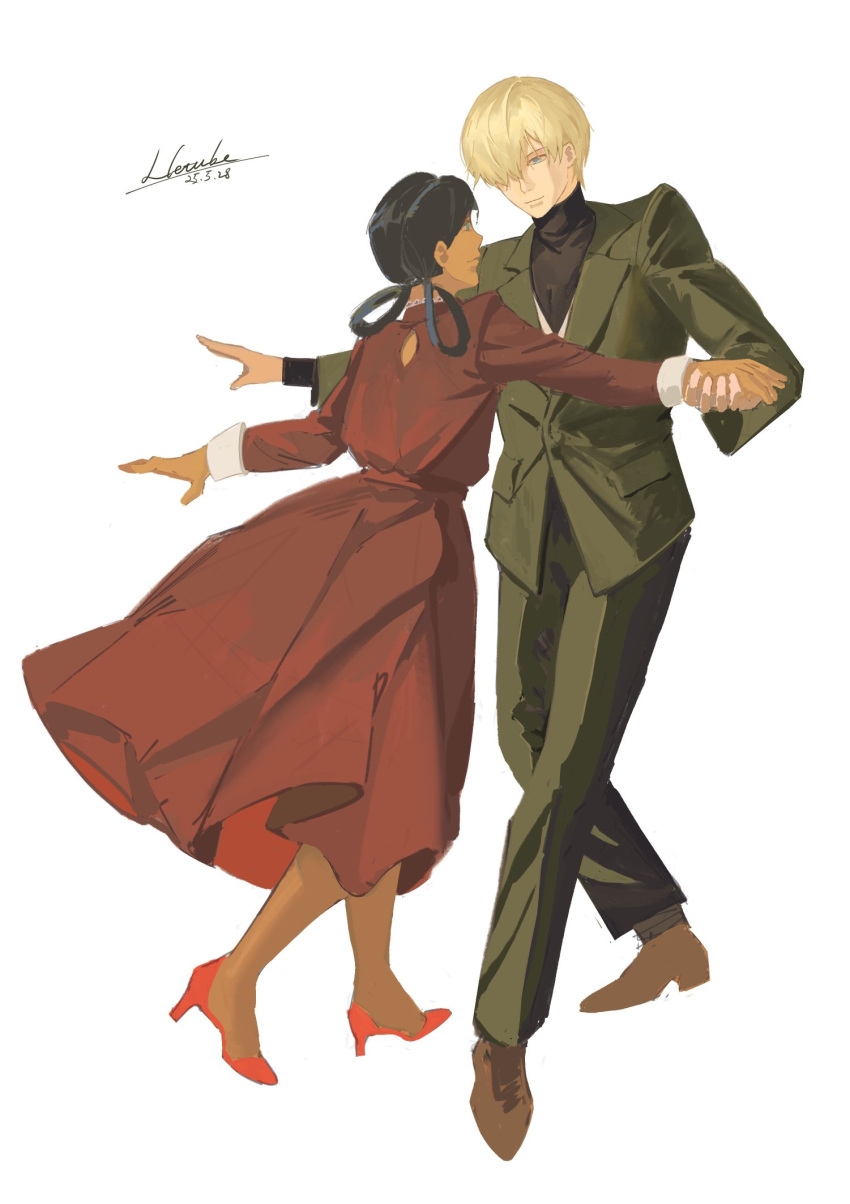 1boy, 1girl, artist_name, black_hair, black_shirt, blonde_hair, blue_eyes, commentary