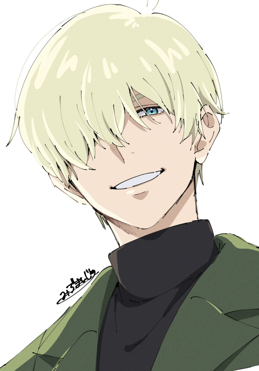 1boy, black_shirt, blonde_hair, blue_eyes, commentary_request, green_jacket, gundam, gundam_gquuuuuux, hair_over_one_eye, highres, jacket, looking_at_viewer, male_focus, manjuuukowaine, open_mouth, portrait, shirouzu_(gundam), shirt, short_hair, simple_background, smile, solo, turtleneck, white_background