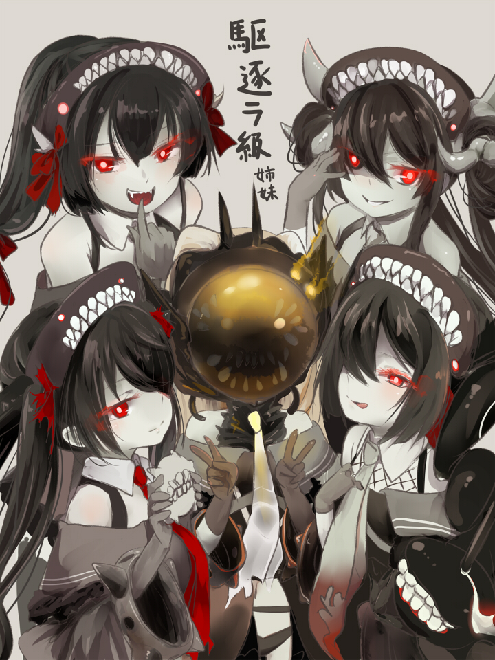 5girls, abyssal_ship, akino_shuu, bare_shoulders, black_dress, black_gloves, black_hair, colored_skin