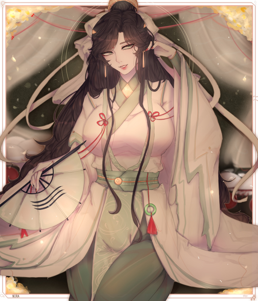 1girl, absurdres, black_hair, breasts, brown_hair, chinese_clothes, earrings, folding_fan, green_eyes, hand_fan, hand_in_own_hair, hanfu, highres, holding, holding_fan, jewelry, large_breasts, long_hair, long_sleeves, looking_at_viewer, niratortik, parted_lips, ribbon, sash, seiza, shi_qingxuan, sitting, smile, solo, tassel, tianguan_cifu, wide_sleeves