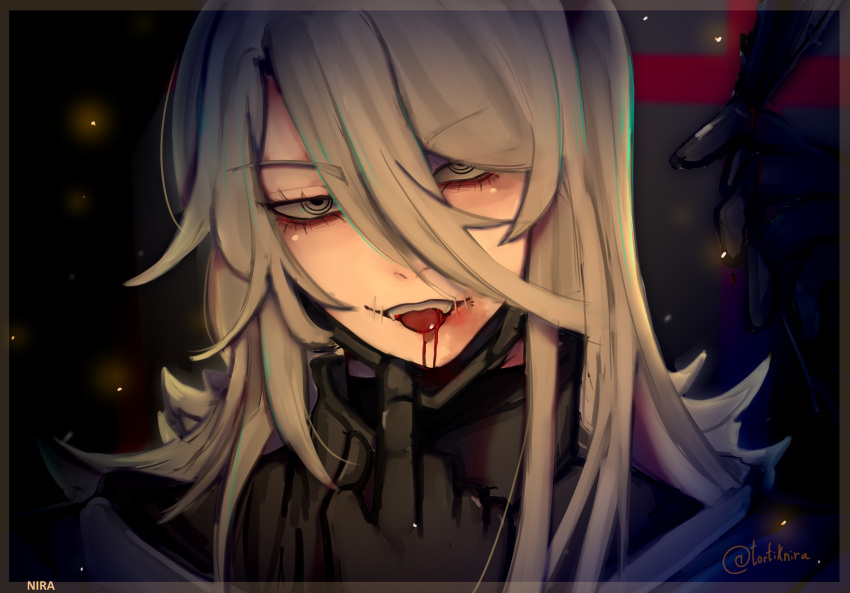 1boy, aesop_carl, black_gloves, black_mask, blood, blood_from_mouth, blood_on_face, fangs, gloves, grey_eyes, grey_hair, hair_between_eyes, highres, holding, identity_v, long_hair, looking_at_viewer, male_focus, mask, mask_pull, mouth_mask, niratortik, open_mouth, portrait, quill, scar, solo, stitches, teeth, tongue, tongue_out