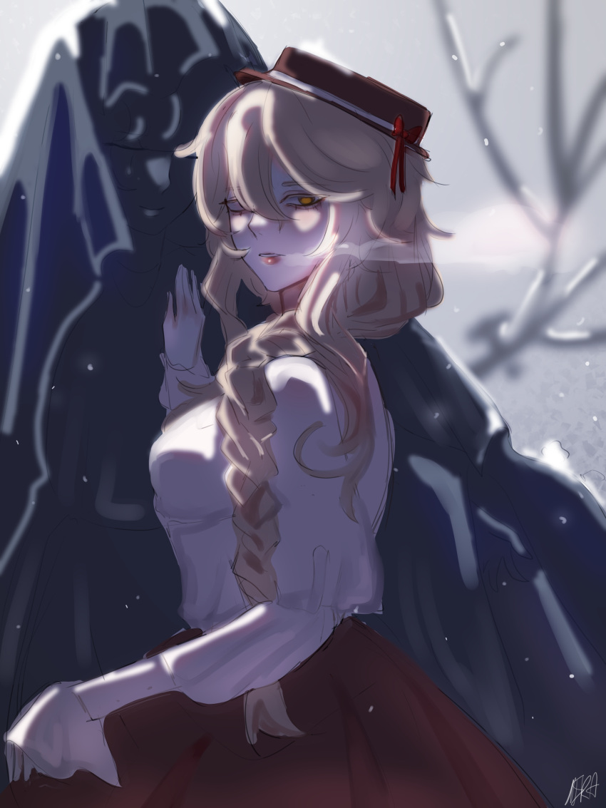 1girl, absurdres, bare_tree, blonde_hair, braid, breasts, breath, brown_skirt