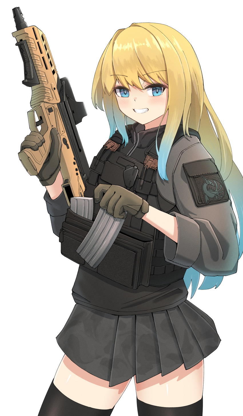 1girl, absurdres, black_thighhighs, blonde_hair, blue_eyes, blue_hair, bulletproof_vest, bullpup