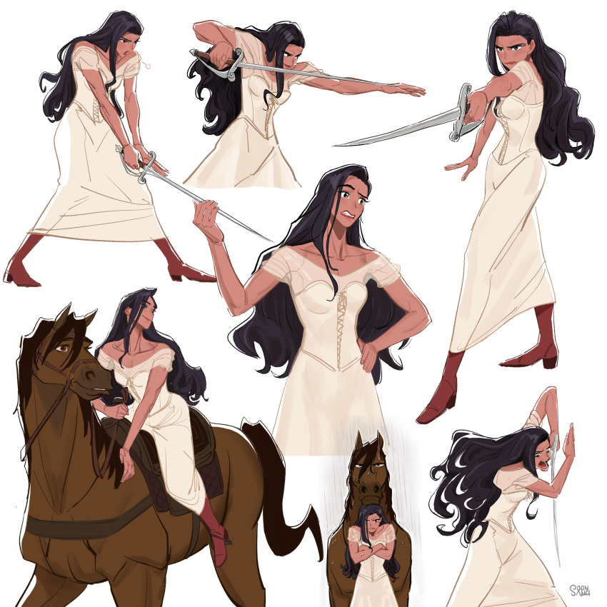 1girl, absurdres, animal, black_hair, boots, commentary, crossed_arms, dress
