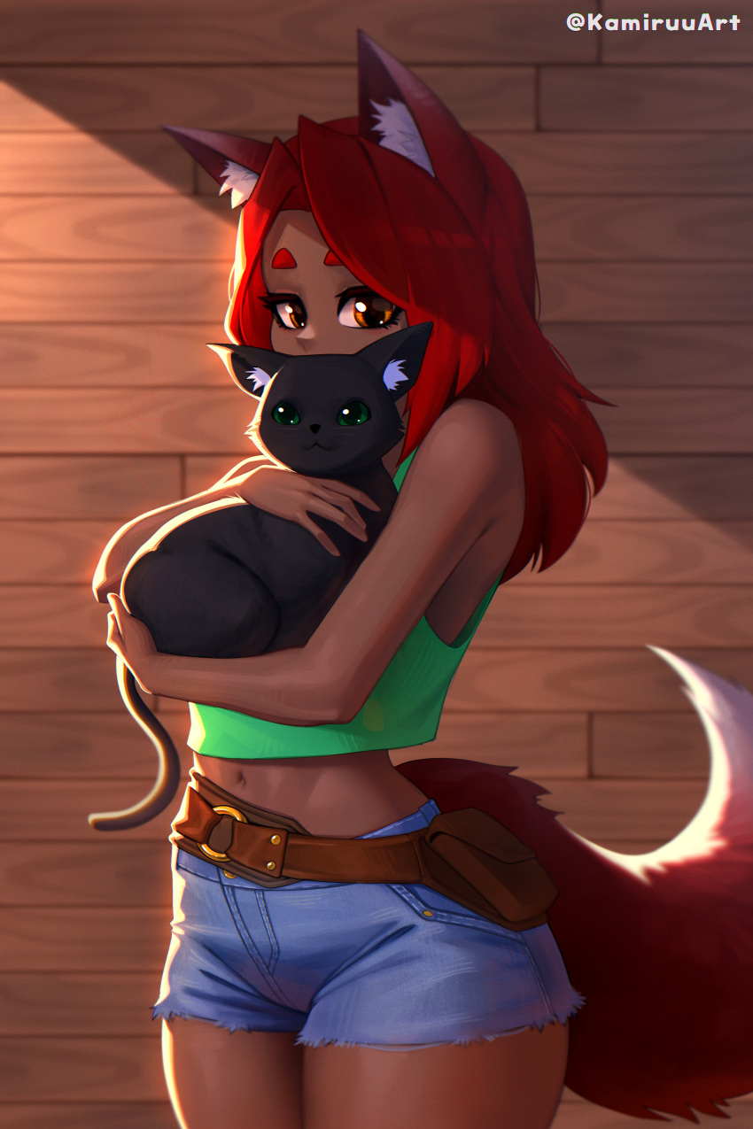 black_cat, cat, fox_ears, fox_girl, fox_tail, kamiruu, looking_at_viewer, pouch, shorts, tank_top, terraria, watermark, zoologist_(terraria)