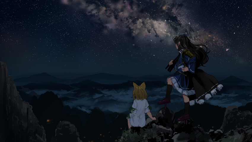 2girls, animal_ears, black_cape, black_hair, black_socks, blonde_hair, blue_dress, blue_hat