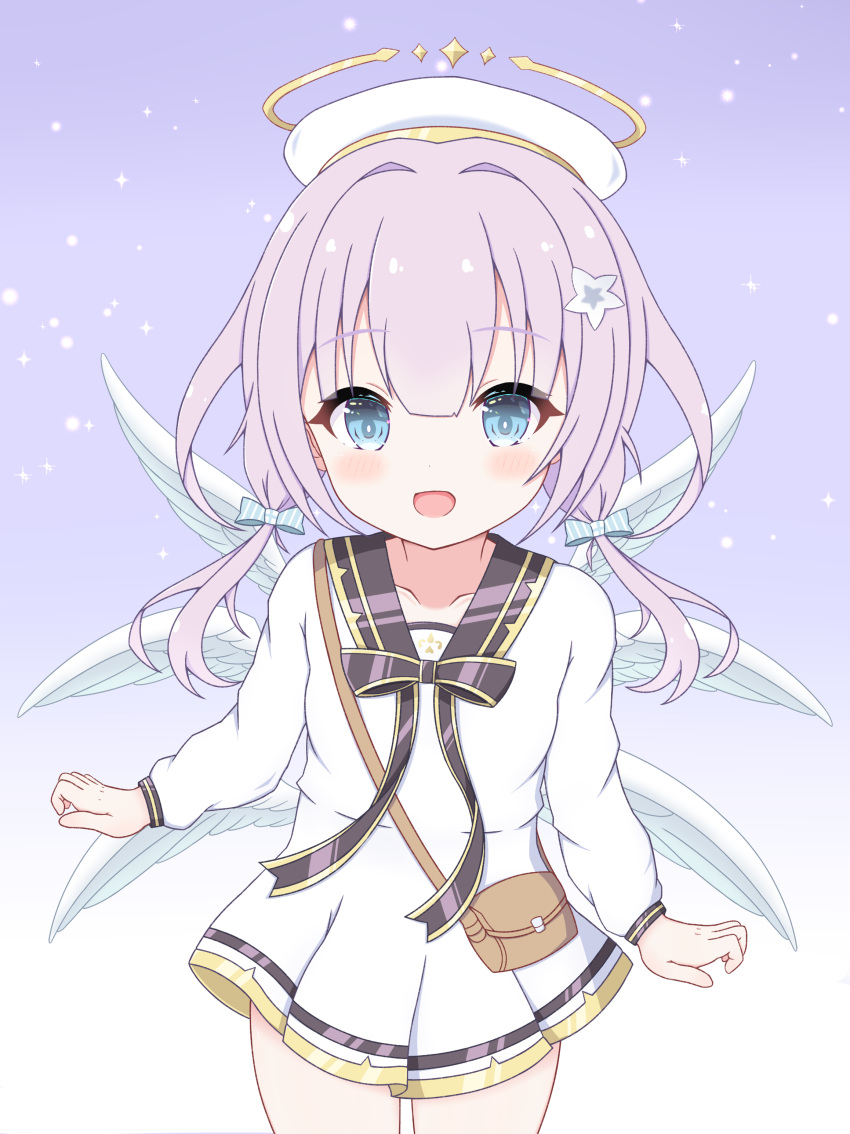 1girl, :d, absurdres, angel, angel_wings, bag, blue_eyes, blush