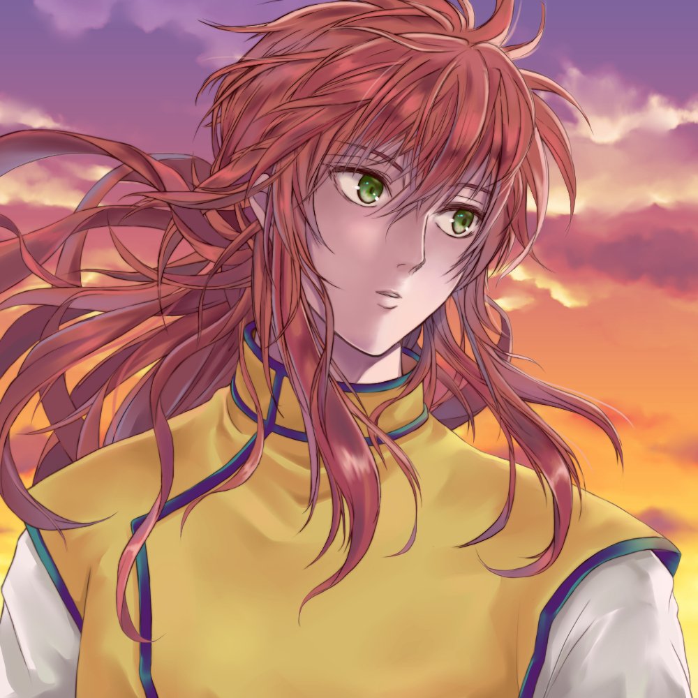 1boy, commentary_request, floating_hair, green_eyes, hair_between_eyes, high_collar, kurama_(yu_yu_hakusho), long_hair