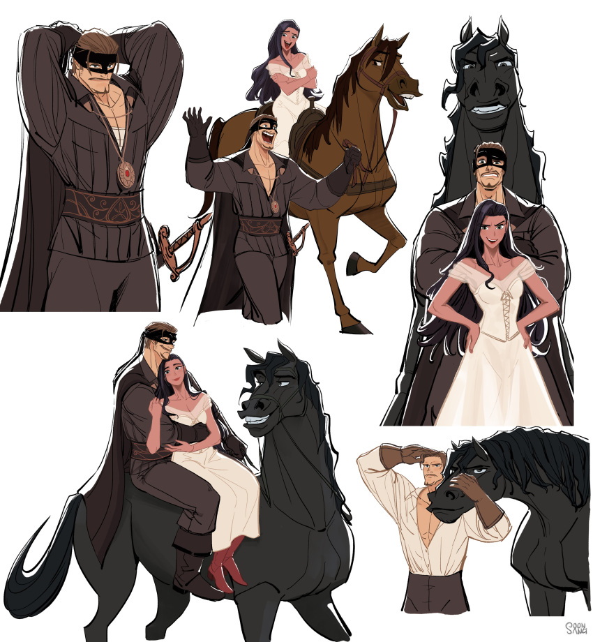 1boy, 1girl, absurdres, animal, black_hair, black_horse, boots, brown_gloves