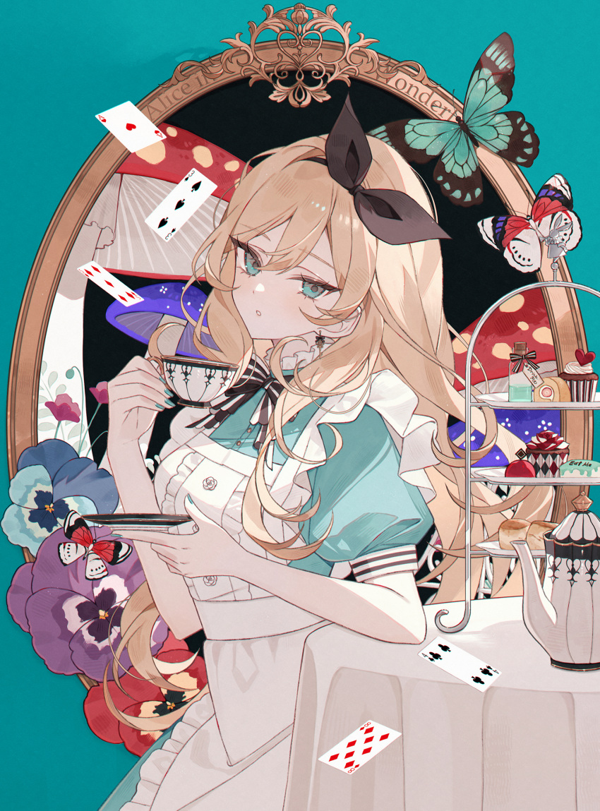 1girl, alice_(alice_in_wonderland), alice_in_wonderland, apron, aqua_dress, aqua_eyes, blonde_hair, blue_dress