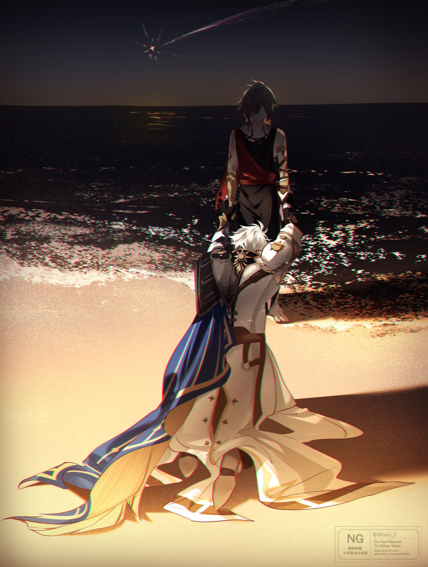 2boys, aged_down, antenna_hair, arm_tattoo, armor, black_gloves, black_shirt, blonde_hair, blue_cape, cape, coat, commentary_request, fingerless_gloves, gloves, gradient_hair, highres, holding_another's_wrist, honkai:_star_rail, honkai_(series), kneeling, korean_commentary, male_focus, minarii_s, multicolored_hair, multiple_boys, mydei_(honkai:_star_rail), ocean, pauldrons, phainon_(honkai:_star_rail), red_hair, red_tattoo, shirt, short_hair, shoulder_armor, side_cape, single_glove, single_pauldron, tattoo, watermark, white_coat, white_hair