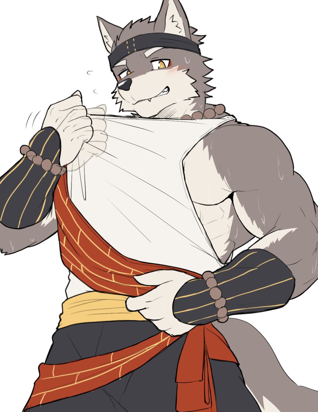 1boy, animal_ears, bead_necklace, beads, clothes_pull, fang, flying_sweatdrops, furry