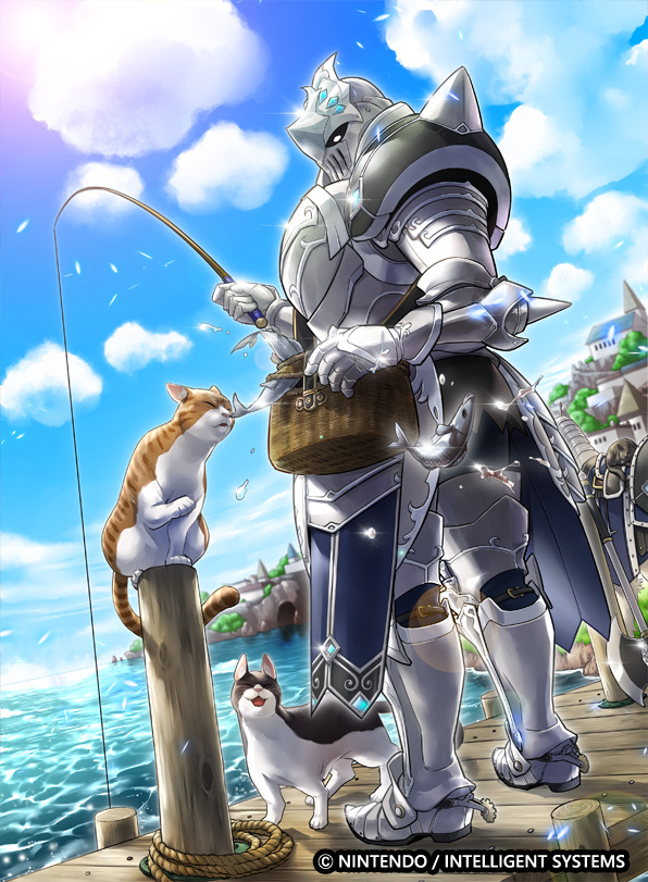 1boy, armor, blue_sky, cat, clouds, copyright_notice, facing_animal, fire_emblem