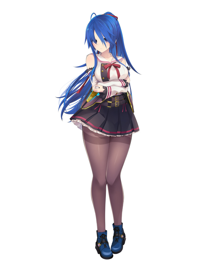 1girl, absurdres, ahoge, ankle_boots, arms_under_breasts, assault_lily, bare_shoulders, belt