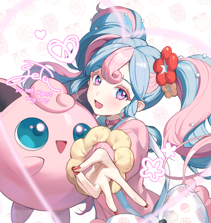 1girl, artist_name, bag, blue_eyes, blue_hair, blush, bull_sprite_(pokemon), cardigan, choker, clefairy_sprite_(pokemon), colored_eyelashes, curly_hair, fairy_miku_(project_voltage), fingernails, flower, fossil_sprite_(pokemon), hair_flower, hair_ornament, hatsune_miku, heart, heart_choker, i_setastar, jigglypuff, long_hair, long_sleeves, looking_at_viewer, multicolored_eyes, multicolored_hair, nail_polish, open_mouth, pillow, pink_cardigan, pink_choker, pink_eyes, pink_hair, pokemon, pokemon_(creature), project_voltage, red_flower, red_nails, scrunchie, shoulder_bag, smile, streaked_hair, twintails, two-tone_eyes, two-tone_hair, v, vocaloid, white_background, white_bag, wrist_scrunchie, yellow_flower, yellow_scrunchie