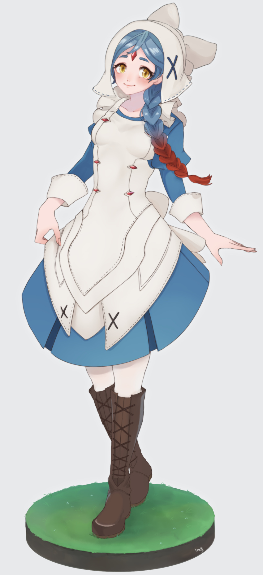 1girl, absurdres, apron, blue_hair, boots, braid, brown_boots, facial_mark