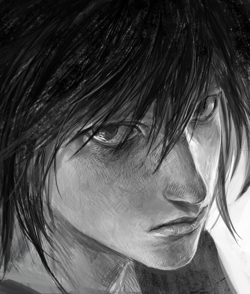 1boy, absurdres, death_note, expressionless, fieroo, greyscale, hair_between_eyes, highres